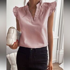Red Striped Notched Neck Ruffle Sleeve Top